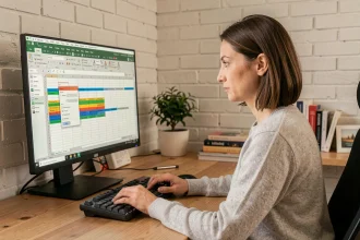 Femme travaillant sur LibreOffice Calc avec des macros et des formules automatisées sur un écran d'ordinateur dans un bureau à domicile