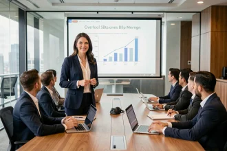 Femme professionnelle présentant un modèle PowerPoint lors d'une réunion d'entreprise en salle de conférence