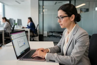 Femme professionnelle saisissant un mot de passe dans une boîte de dialogue Excel sur son ordinateur portable en environnement de bureau