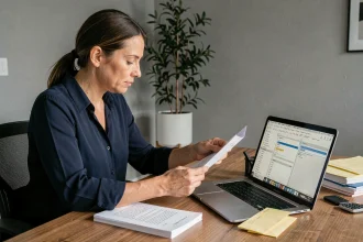 Femme travaillant sur un publipostage dans Word avec des lettres imprimées et un ordinateur portable sur un bureau en bois
