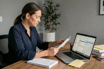 Femme travaillant sur un publipostage dans Word avec des lettres imprimées et un ordinateur portable sur un bureau en bois