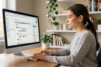 Femme organisant ses emails avec des règles automatiques sur Gmail depuis un bureau à domicile