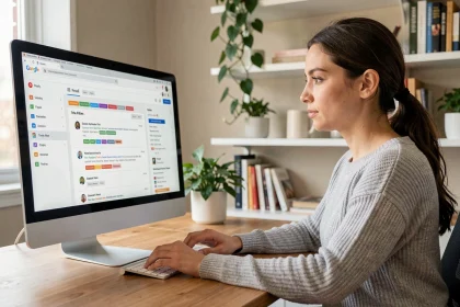 Femme organisant ses emails avec des règles automatiques sur Gmail depuis un bureau à domicile