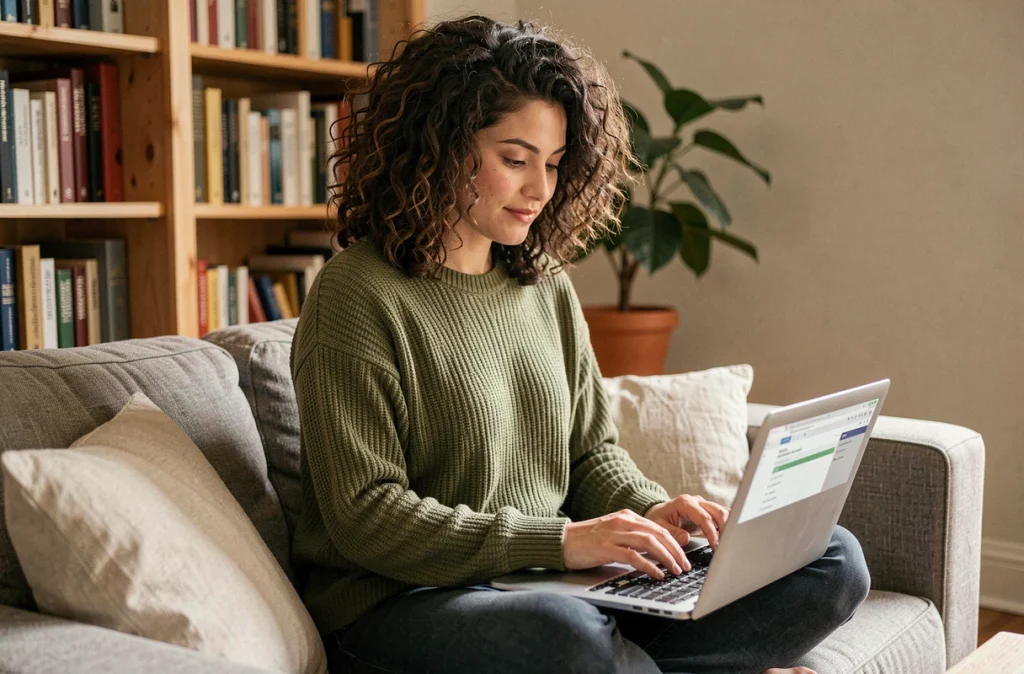 Jeune femme configurant une sauvegarde automatique dans le cloud depuis son bureau à domicile