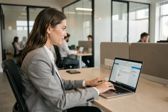 Femme professionnelle configurant une signature mail sur Outlook dans un bureau moderne