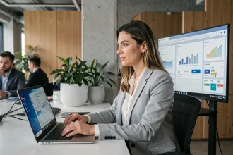 Femme professionnelle en télétravail hybride utilisant un ordinateur portable sous Windows 11 dans un bureau moderne en open space