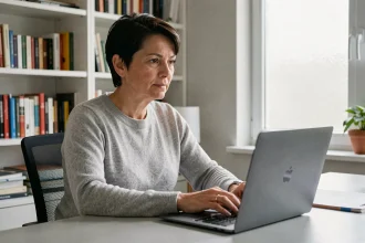 Une femme en télétravail utilise un ordinateur portable moderne dans un bureau à domicile bien organisé