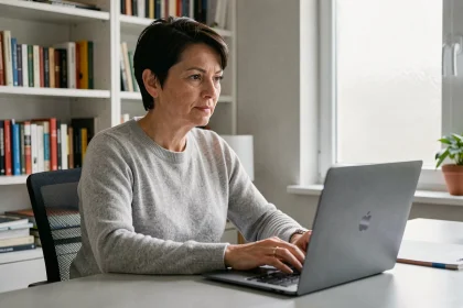 Une femme en télétravail utilise un ordinateur portable moderne dans un bureau à domicile bien organisé