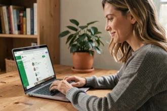 Femme utilisant WhatsApp Web sur un ordinateur portable dans un bureau à domicile