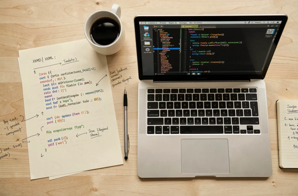 Vue aérienne d'un bureau avec du code Python XML et un dataframe pandas affiché sur un MacBook Pro