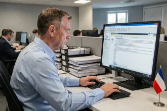 Fonctionnaire utilisant un logiciel libre Linux dans un bureau administratif public