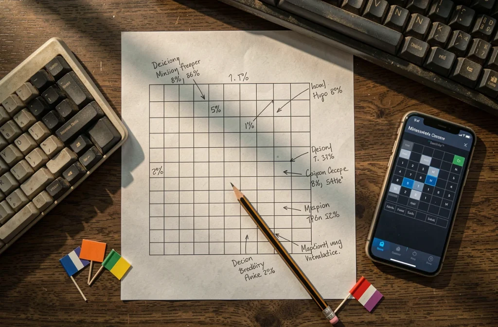 Vue aérienne d'une grille de Démineur imprimée annotée avec des probabilités et des notes de décision sur un bureau en bois sombre