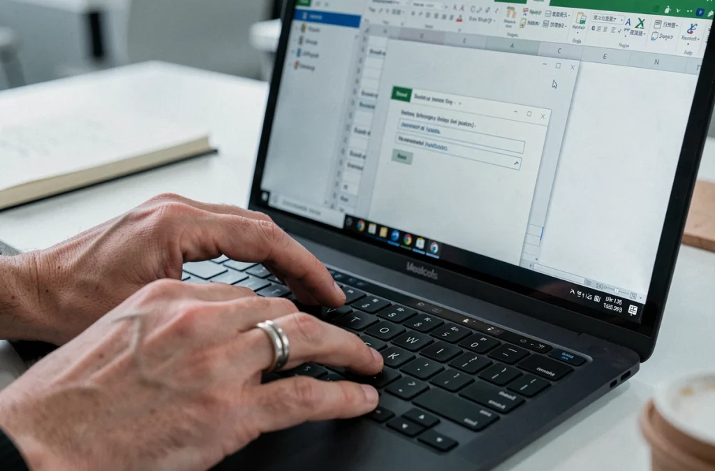 Gros plan de mains tapant un mot de passe dans une boîte de dialogue de protection de fichier Excel sur un ordinateur portable