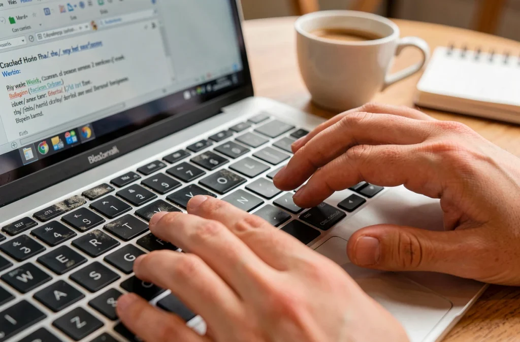 Gros plan sur les mains tapant des raccourcis clavier Word sur un ordinateur portable en café