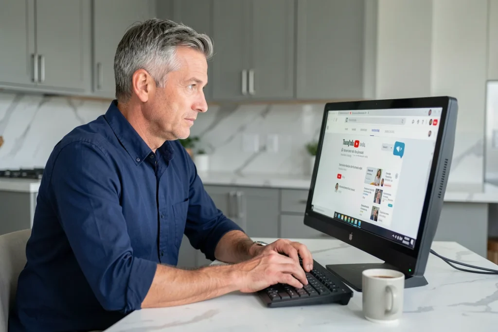 Homme adulte apprenant à utiliser un outil de téléchargement YouTube sur un ordinateur de bureau dans une cuisine moderne