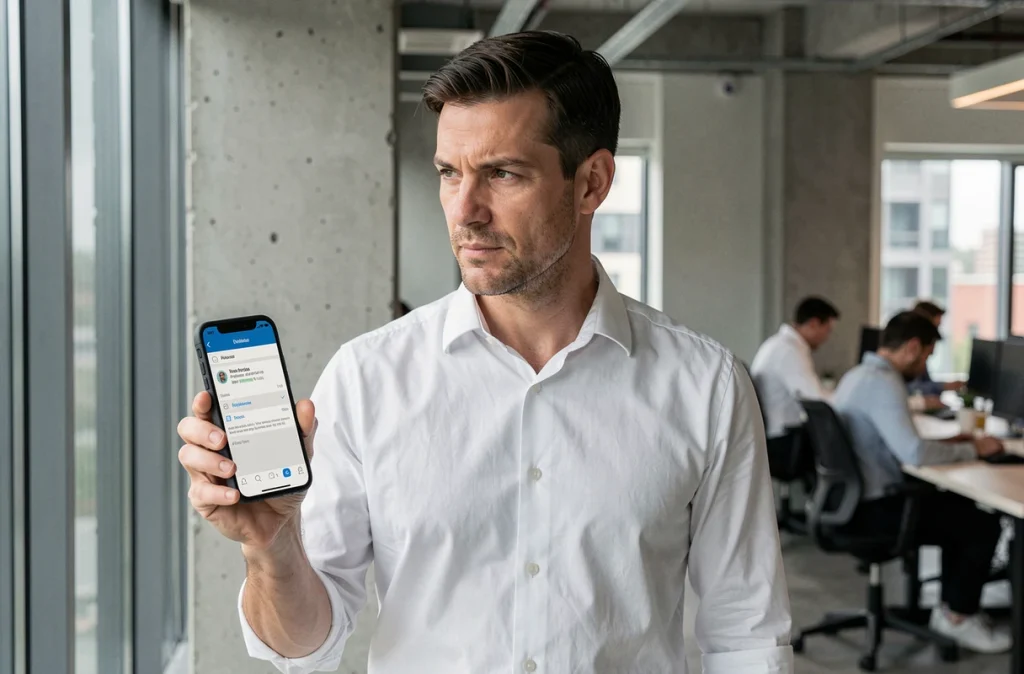 Homme d'affaires consultant une application de messagerie sur smartphone dans un bureau moderne, illustrant la gestion des emails professionnels
