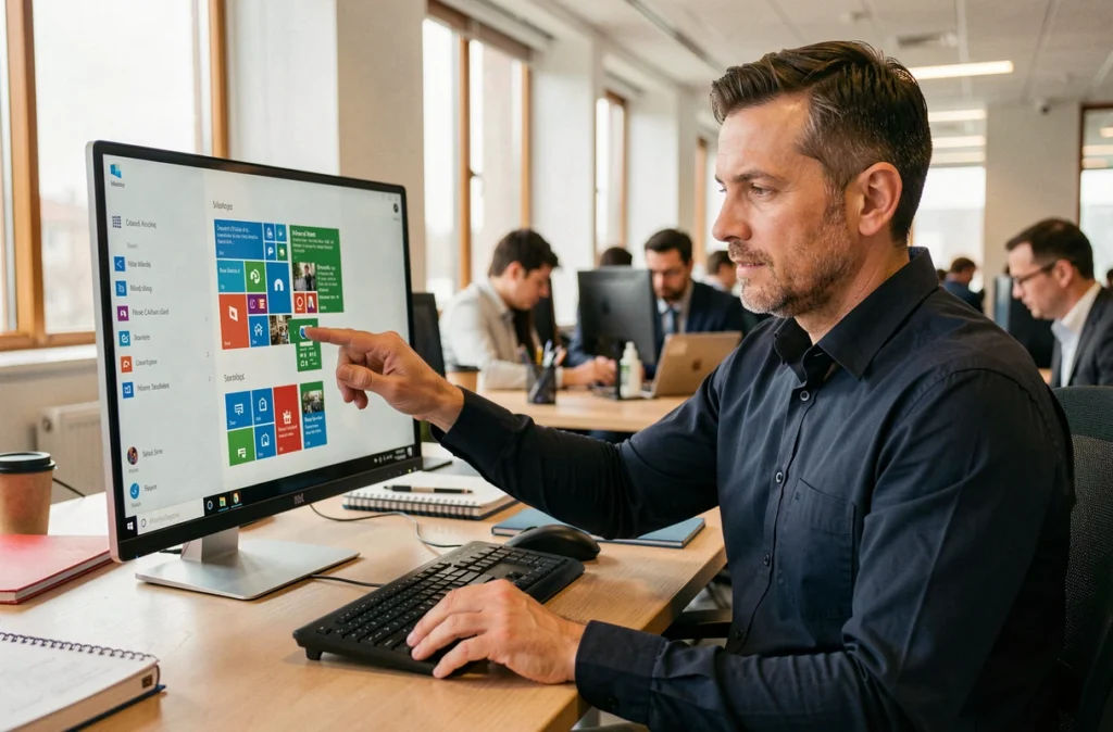 Homme en bureau professionnel effectuant un glisser-déposer d'une icône depuis le menu Démarrer vers le bureau Windows