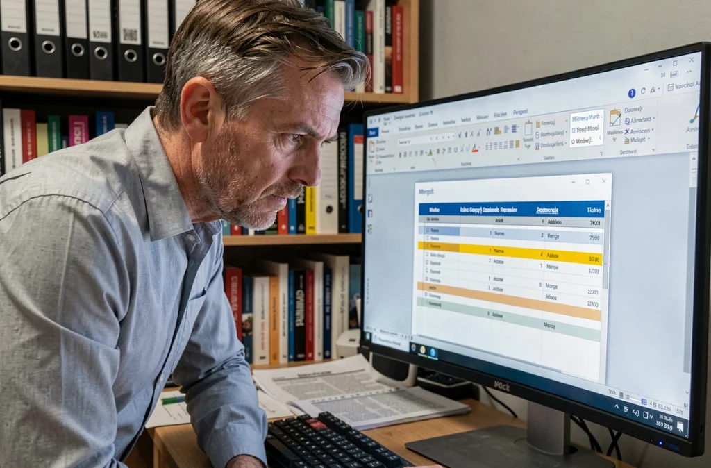 Homme consultant des champs de fusion dans un document Word affiché sur un grand écran de bureau en home office