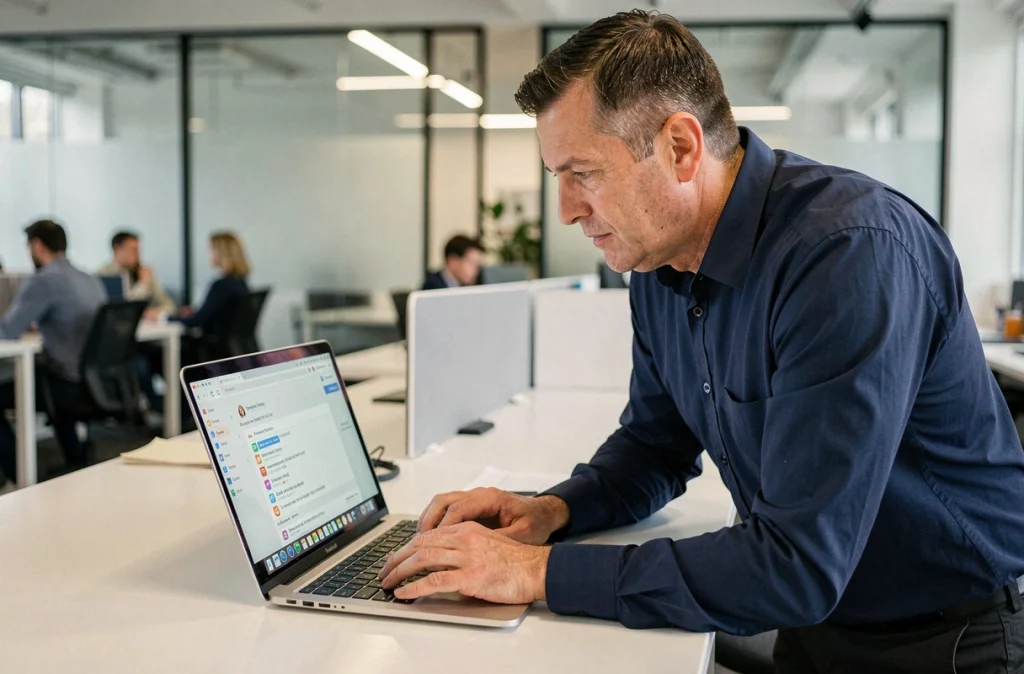Homme configurant des filtres et des règles de tri automatique dans Gmail en environnement professionnel