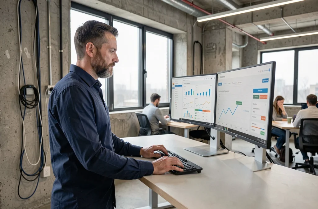 Un homme utilise un double écran dans un espace de coworking moderne lors de sa transition vers le télétravail