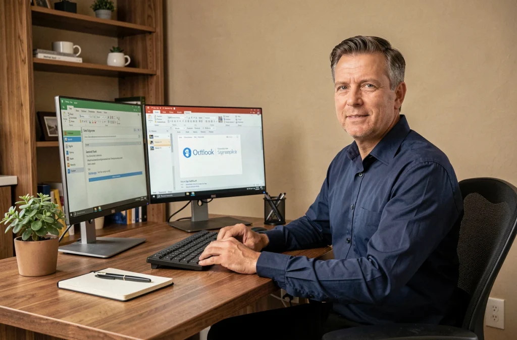 Homme configurant une signature Outlook professionnelle sur un double écran dans un bureau à domicile