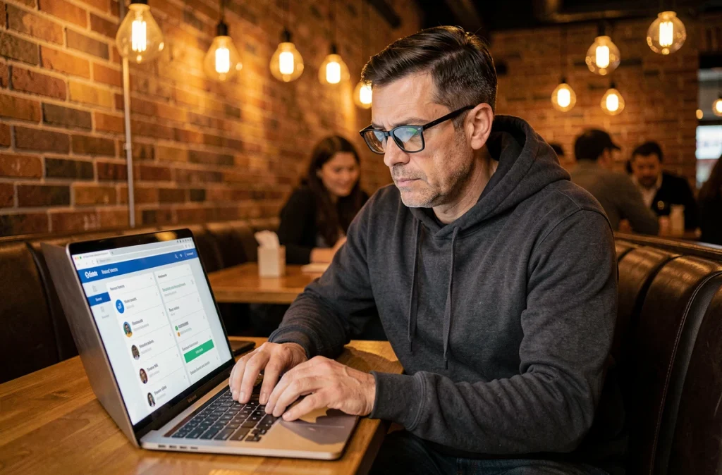 Homme utilisant un gestionnaire de mots de passe sur ordinateur portable dans un café pour protéger ses identifiants en ligne
