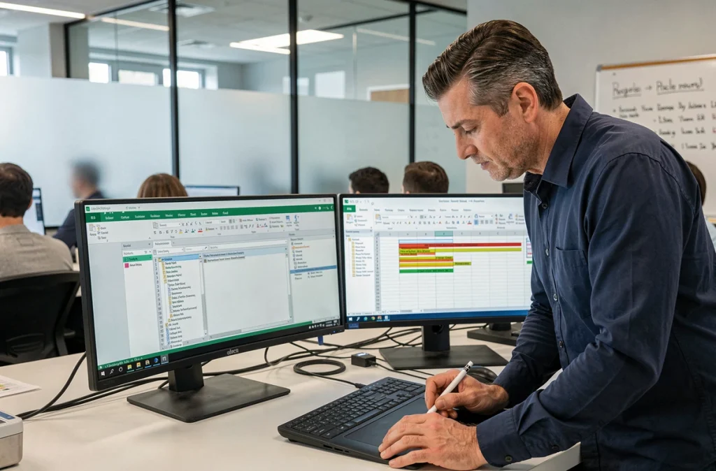 Homme développant des macros LibreOffice Calc Basic dans un open space professionnel avec double écran et tablette graphique