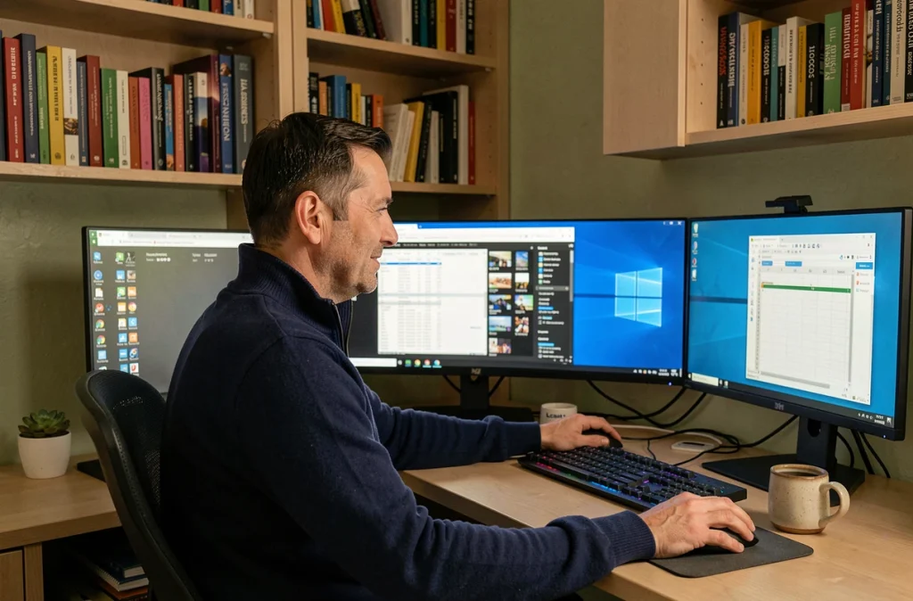 Homme en télétravail depuis son bureau à domicile avec un PC sous Windows 10 et double moniteur dans un espace organisé