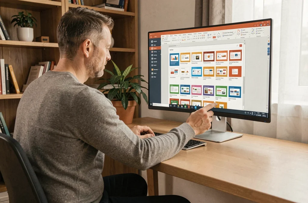 Homme en télétravail personnalisant un modèle de présentation PowerPoint sur un écran ultrawide dans un bureau à domicile