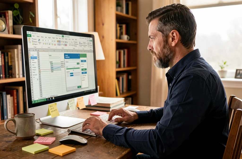 Homme en télétravail configurant les options de sécurité et de mot de passe d'un fichier Excel sur son bureau informatique à domicile