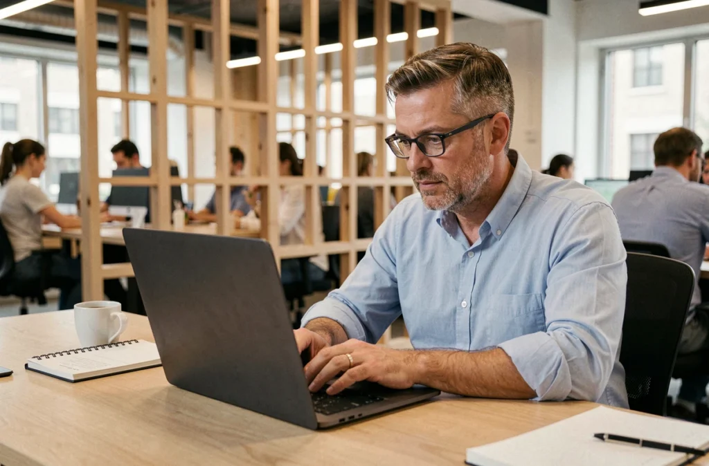 Homme consultant WhatsApp Web sur laptop dans un espace de coworking moderne