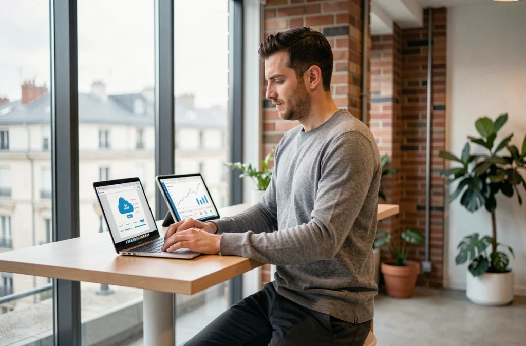 Ingénieur logiciel français travaillant sur une plateforme cloud dans un espace de coworking à Lyon