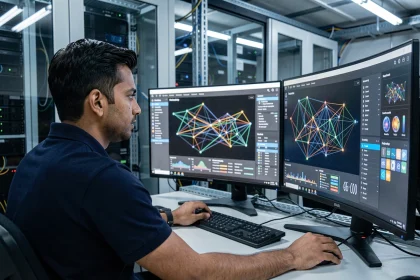 Ingénieur réseau analysant des tableaux de bord d'intelligence artificielle sur plusieurs écrans dans une salle d'opérations de centre de données