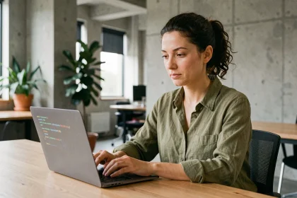 Ingénieure logicielle travaillant sur un ordinateur portable économe en énergie dans un bureau moderne aux murs en béton et plantes vertes, illustrant la sobriété numérique