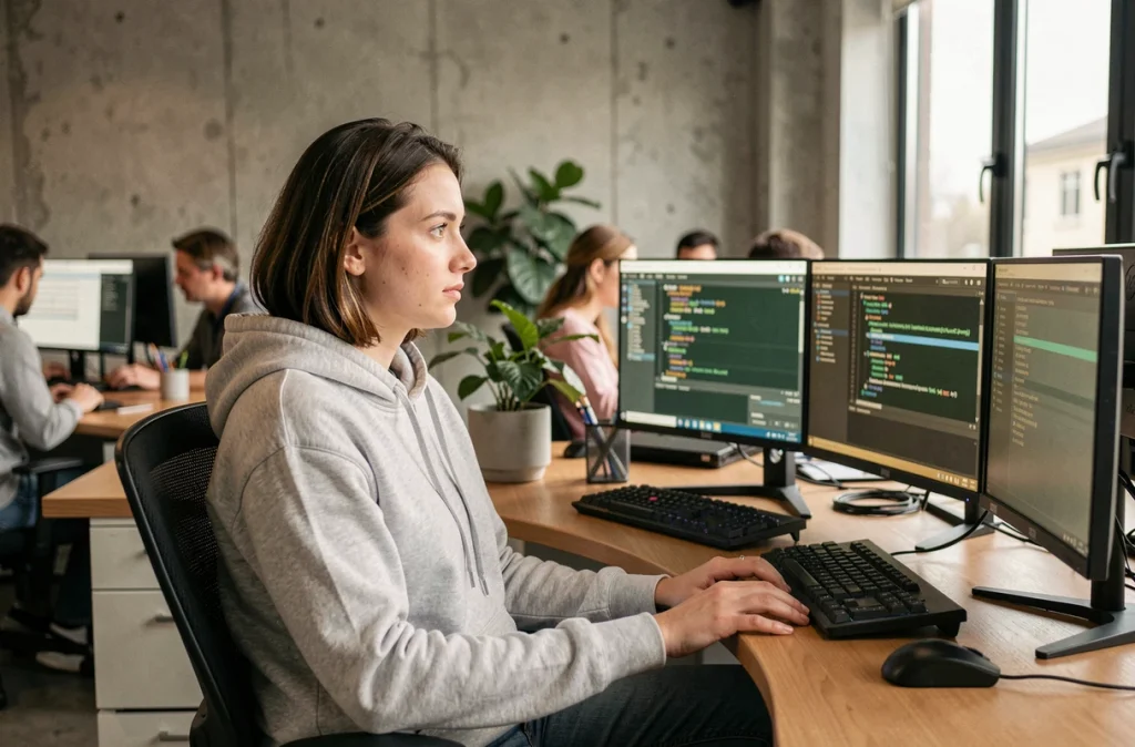 Ingénieure logicielle gérant des machines virtuelles sur plusieurs écrans dans un bureau technologique moderne