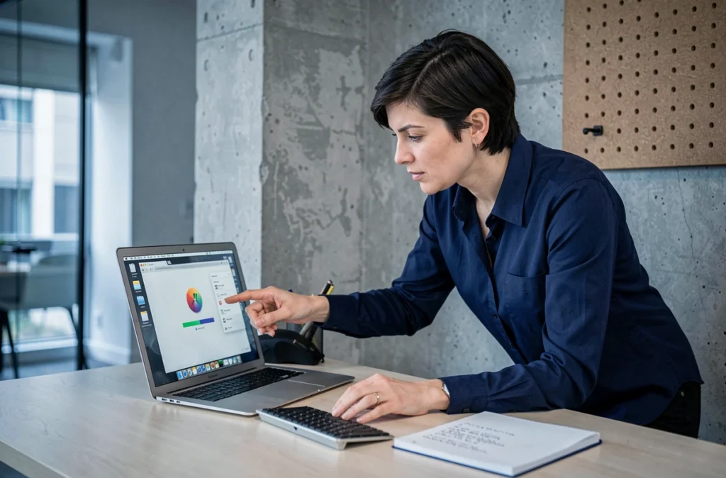 Femme surveillant l'installation d'une image ISO macOS sur un MacBook Air dans un espace de coworking