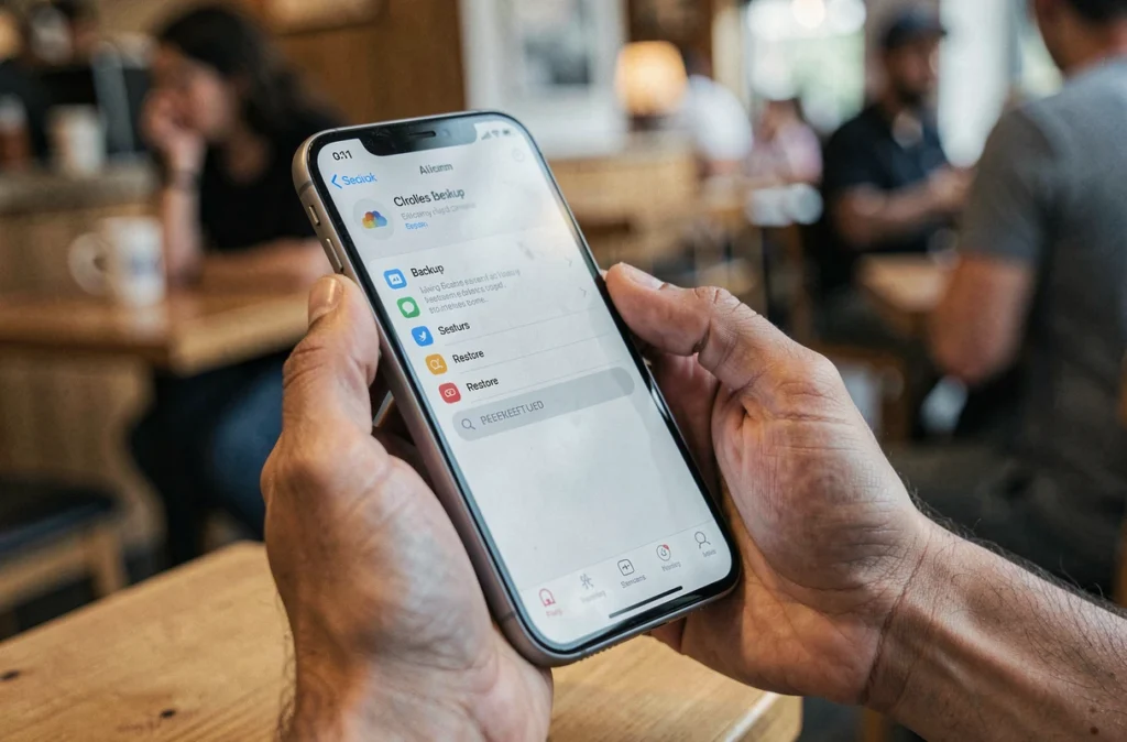 Gros plan sur un iPhone affichant les limites de restauration iCloud pour photos supprimées