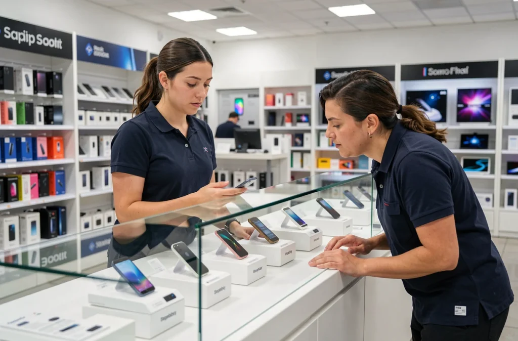 Vendeuse présentant un iPhone SE à un client dans un magasin d'électronique moderne face aux alternatives Android