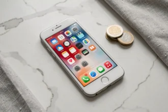 iPhone SE compact posé sur un bureau en marbre blanc avec des pièces de monnaie symbolisant son prix abordable face aux Android