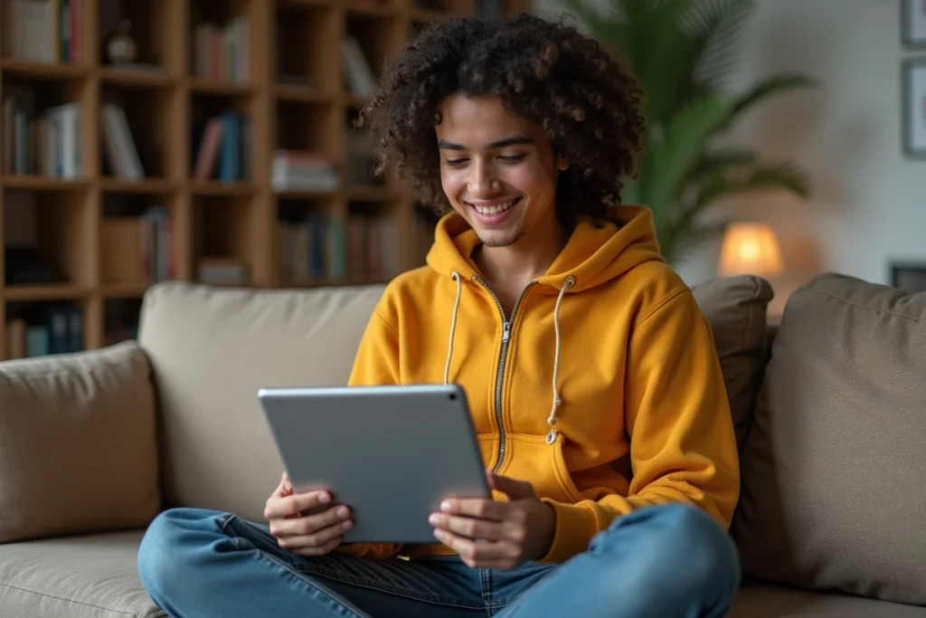 Jeune adulte découvrant un guide de téléchargement YouTube pour débutants sur une tablette dans un salon confortable