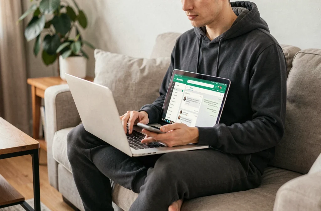 Jeune adulte comparant WhatsApp sur smartphone et WhatsApp Web sur ordinateur portable dans un salon