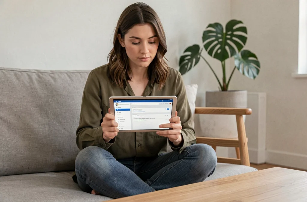 Jeune femme gérant la classification automatique de ses emails Gmail sur tablette depuis son salon