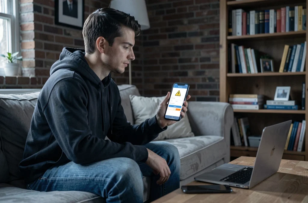 Jeune homme dans son salon consultant un faux lien de phishing sur son smartphone, représentant les arnaques sur les réseaux sociaux