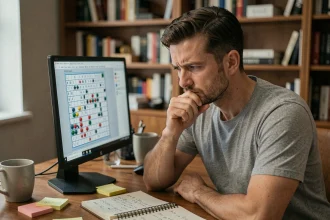 Joueur adulte concentré devant un écran affichant une partie de Démineur, en train de réfléchir à sa stratégie dans un bureau à domicile