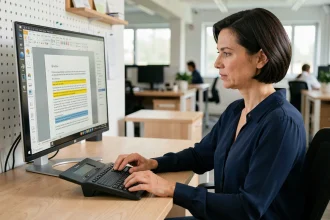 Femme utilisant un lecteur d'écran et un afficheur braille pour lire un PDF accessible sur son ordinateur de bureau