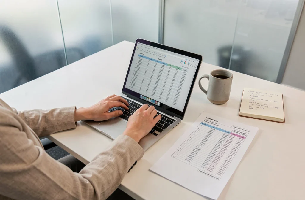 Vue de dessus des mains d'une femme saisissant des données de fusion sur un ordinateur portable avec une feuille Excel imprimée sur une table de réunion