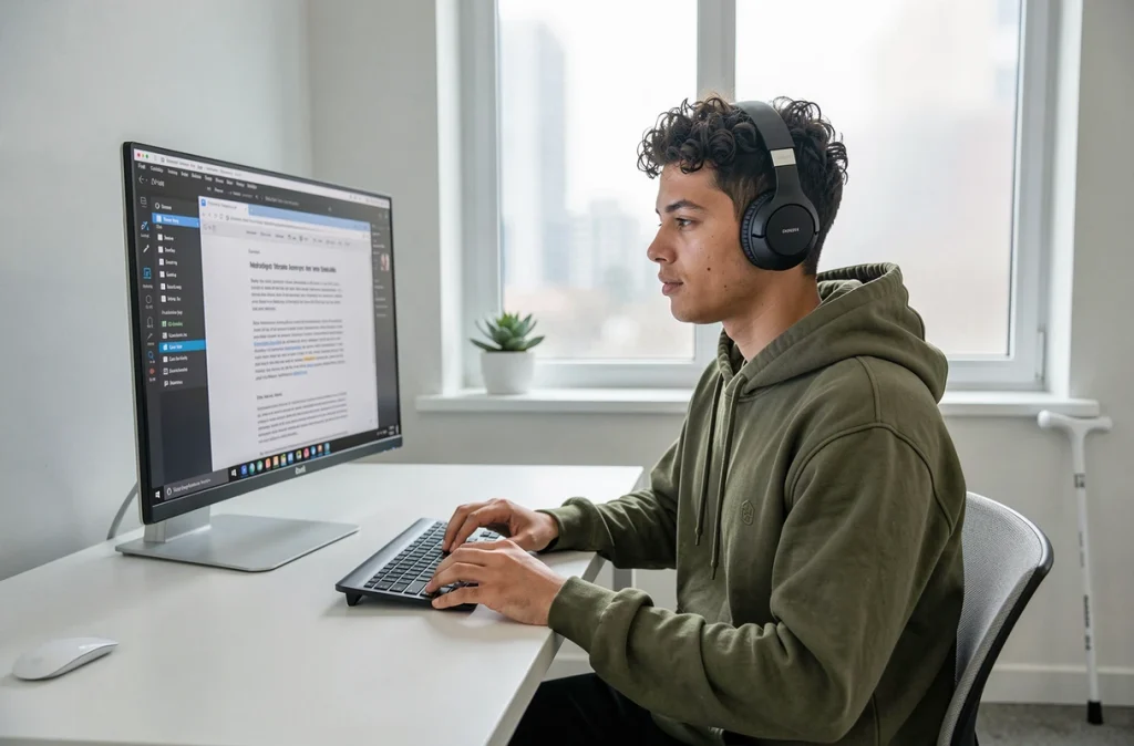 Jeune homme malvoyant écoutant un lecteur d'écran lire un document PDF rendu accessible par OCR