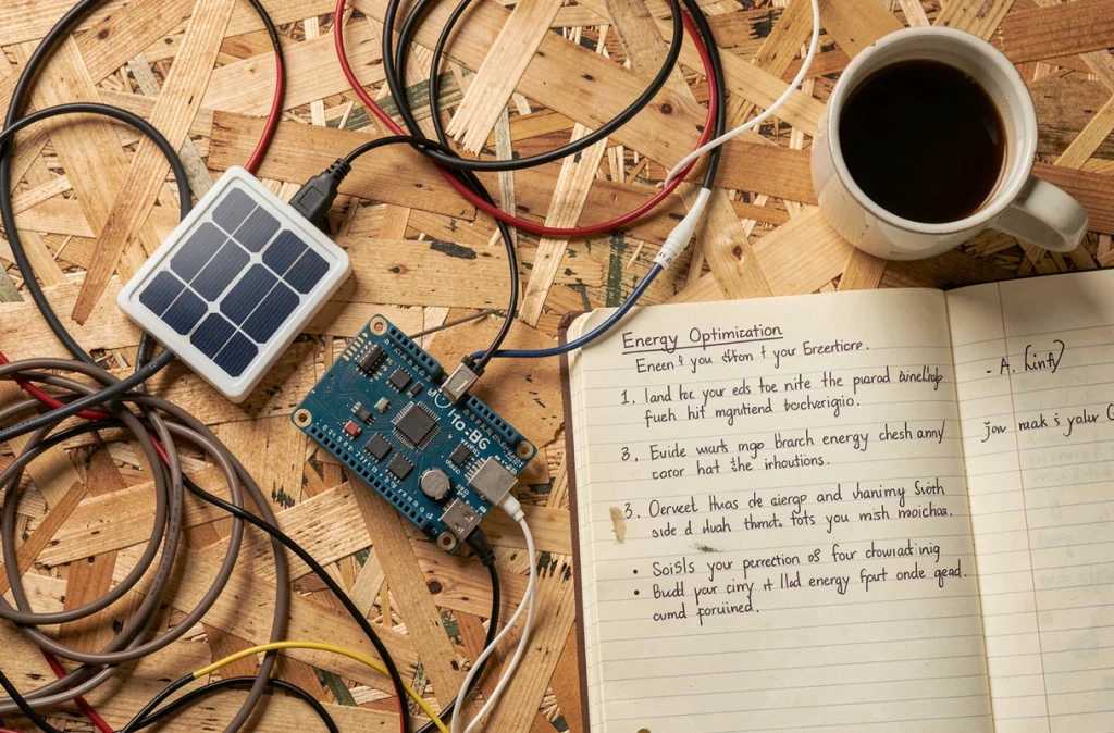 Vue de dessus d'un micro-ordinateur basse consommation, panneau solaire et notes manuscrites sur table en bois recyclé, symbolisant l'informatique sobre et durable