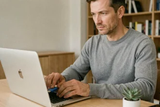 Homme insérant une clé USB dans un MacBook Pro pour une mise à jour macOS hors ligne