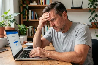 Homme frustré devant son ordinateur portable affichant une erreur de connexion sur l'interface Mafreebox